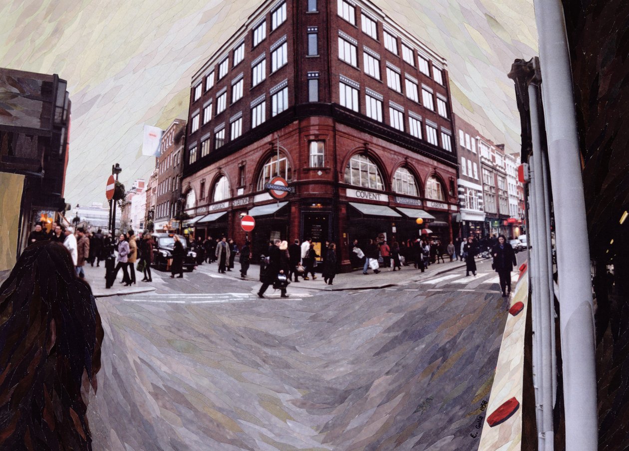 Drej til venstre mod Neal Street, 1998 (papirmosaikcollage) af Ellen Golla