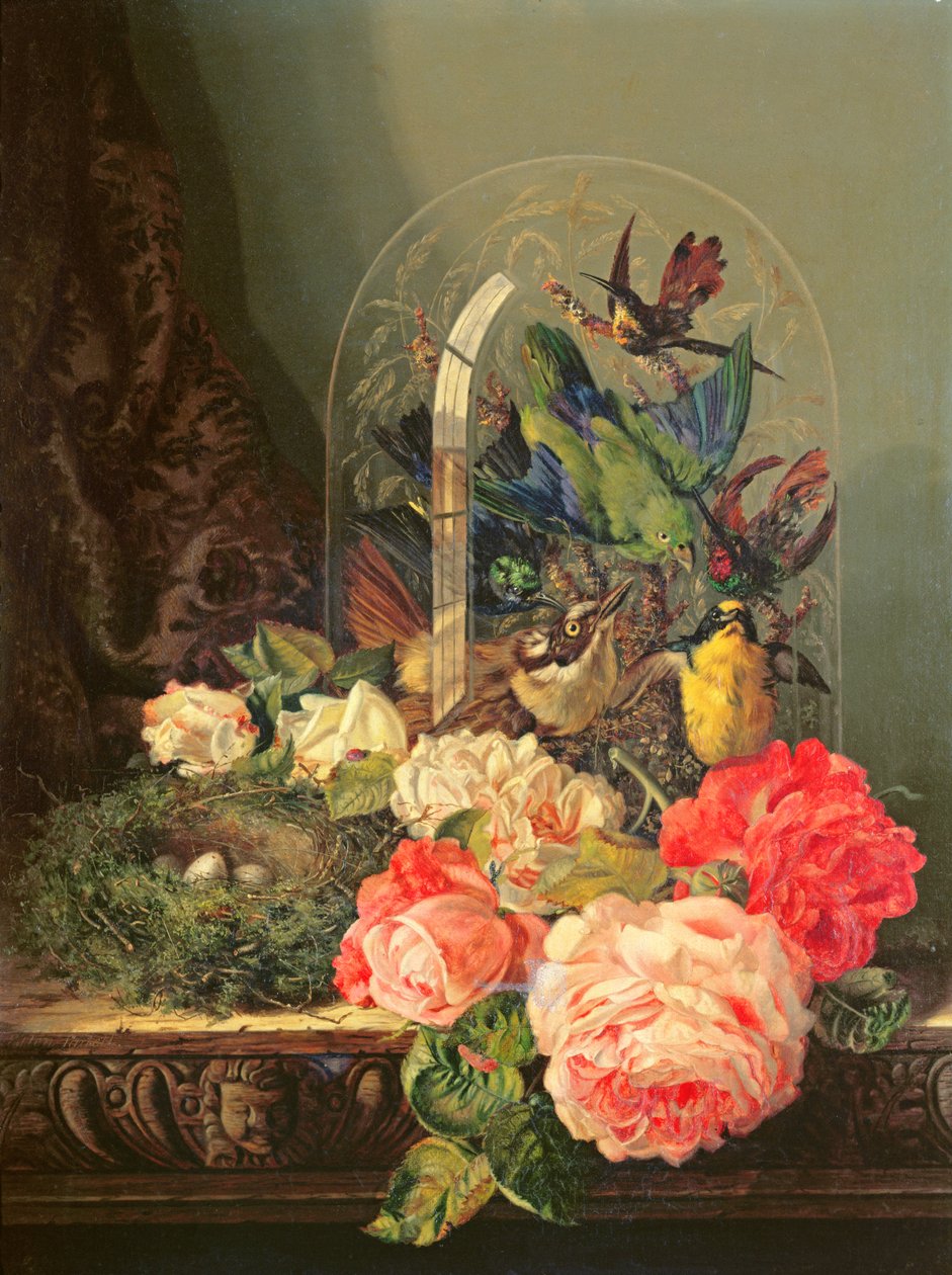 Stilleben med fugle, blomster og en fuglerede på et bord af Ellen Ladell