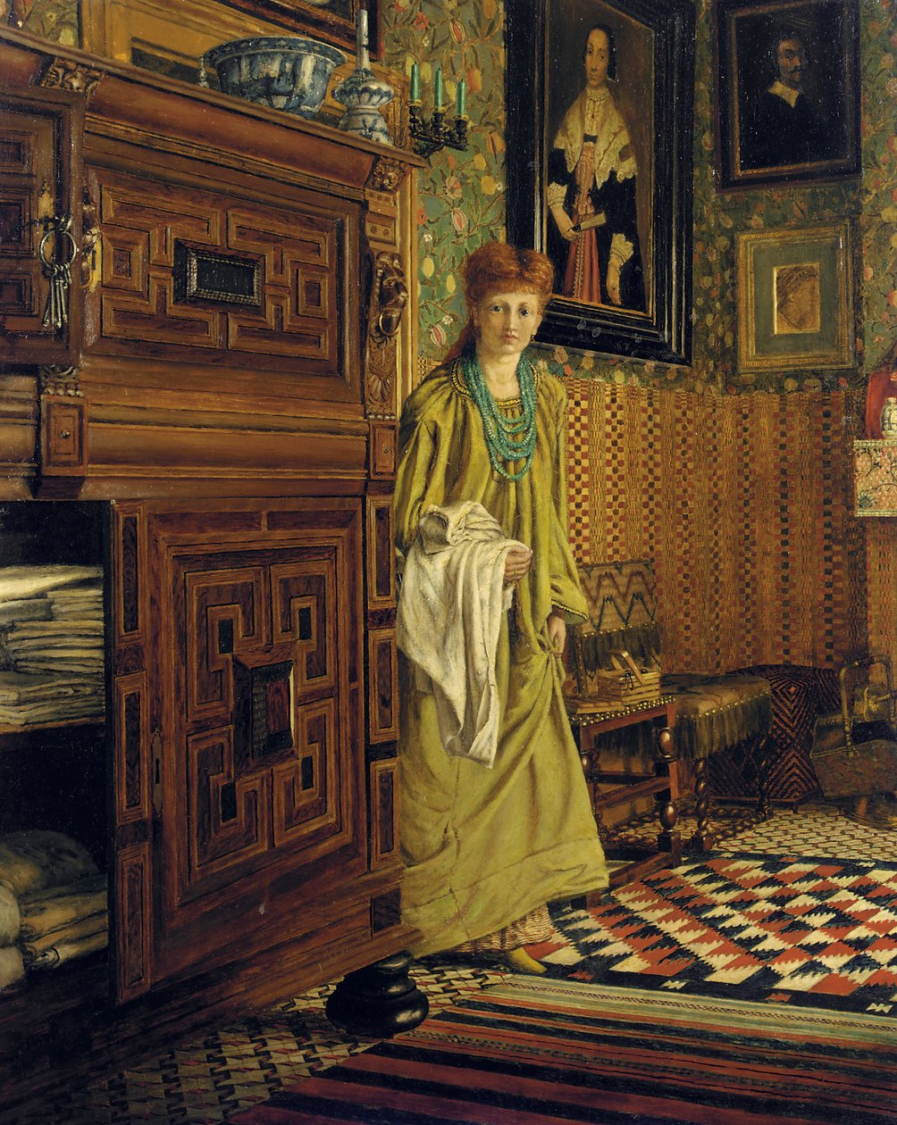 Portræt af Laura, Lady Alma-Tadema, sandsynligvis på vej ind i det hollandske værelse i Townshend House, Regent