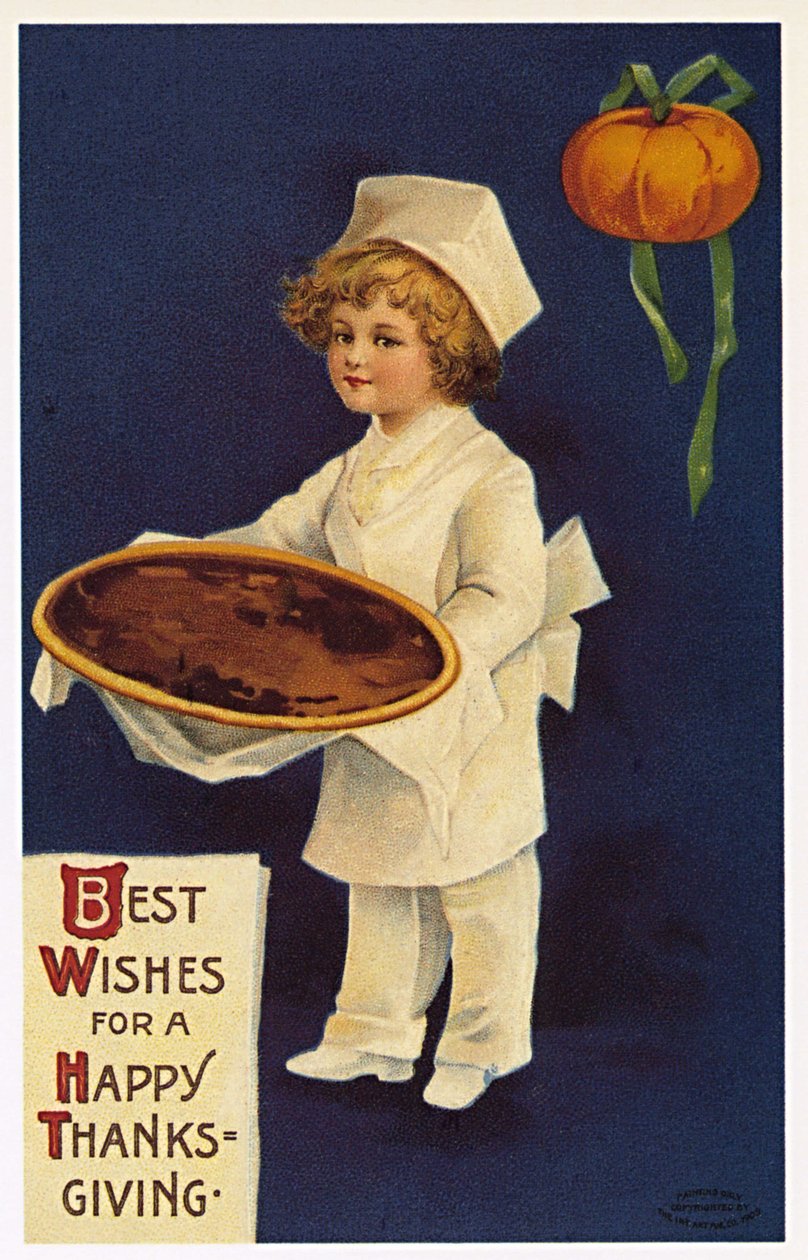 Thanksgiving: lykønskningskort med et barn klædt ud som en kok, der præsenterer den traditionelle ret af Ellen Hattie Clapsaddle