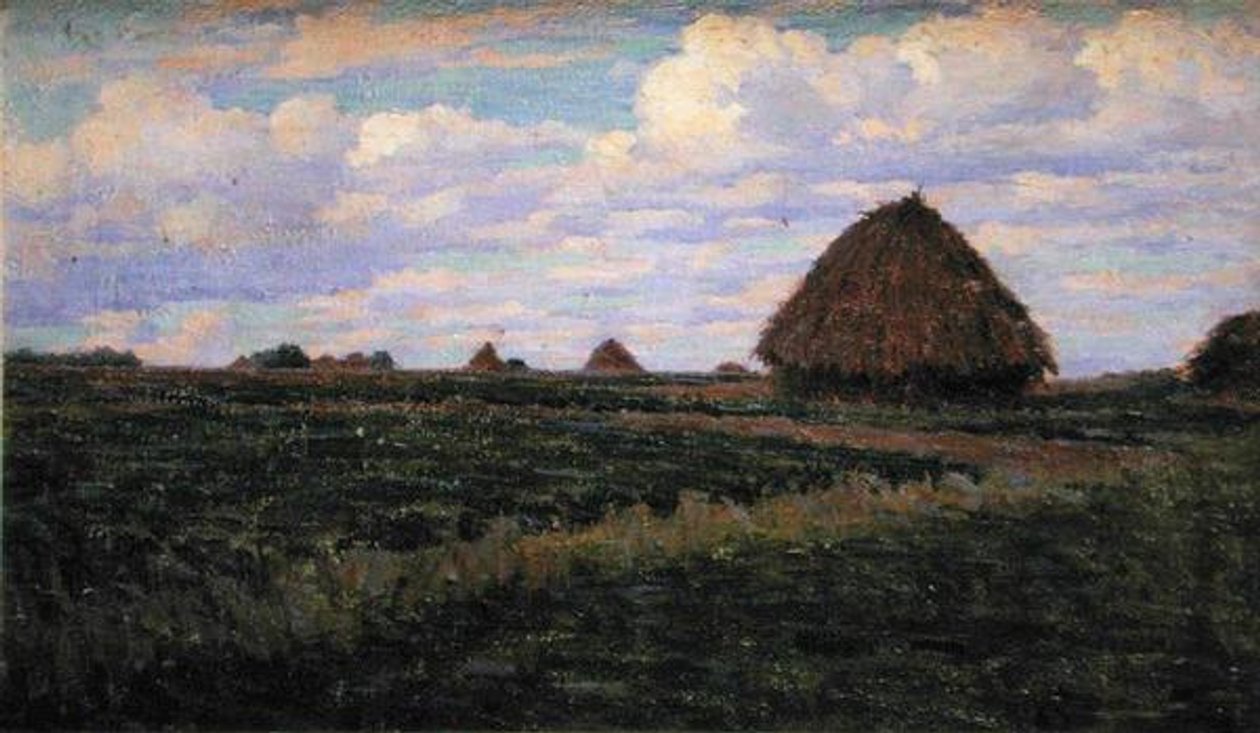 Høstakke i en grøn mark (olie på lærred) af Elmer Boyd Smith