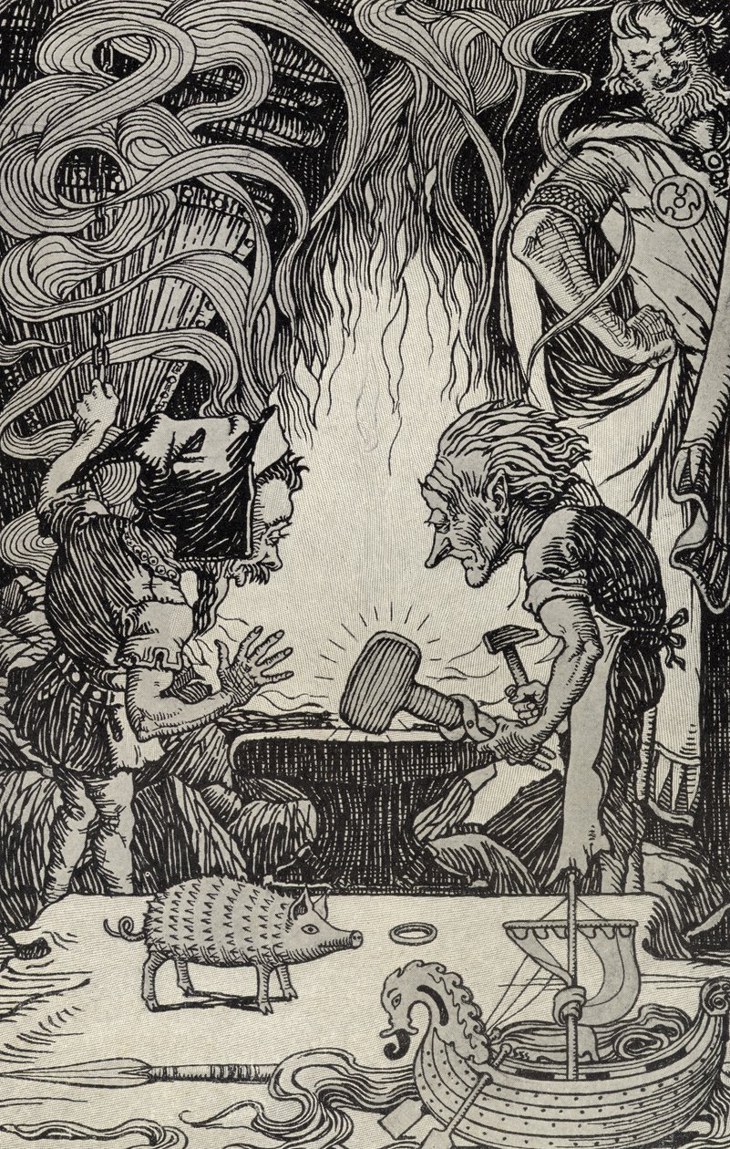 The Third Gift an Enormous Hammer, illustration fra Myths from Many Lands, udgivet 1912 af Elmer Boyd Smith