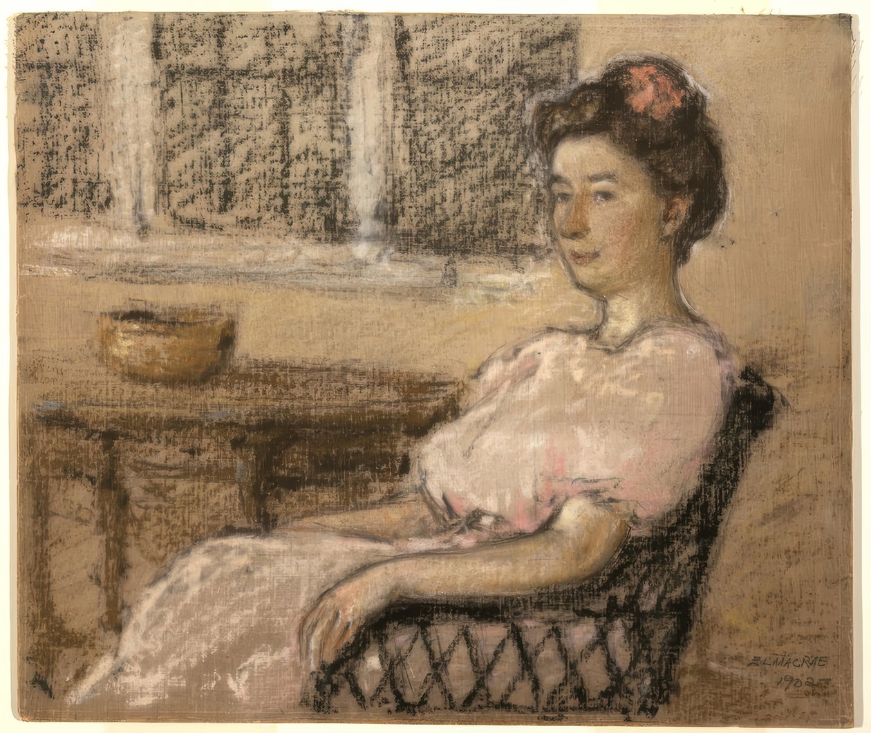 Kvinde siddende i pink af Elmer Livingston MacRae