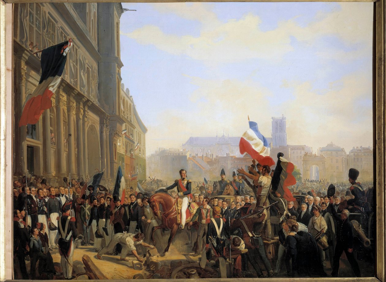 Revolution i juli 1830: Louis Philippe, hertug af Orleans (som blev konge af Frankrig Louis Philippe 1er) (1773-1850), kongerigets generalløjtnant ankom til rådhuset i Paris, 31. juli af Eloi Firmin Feron