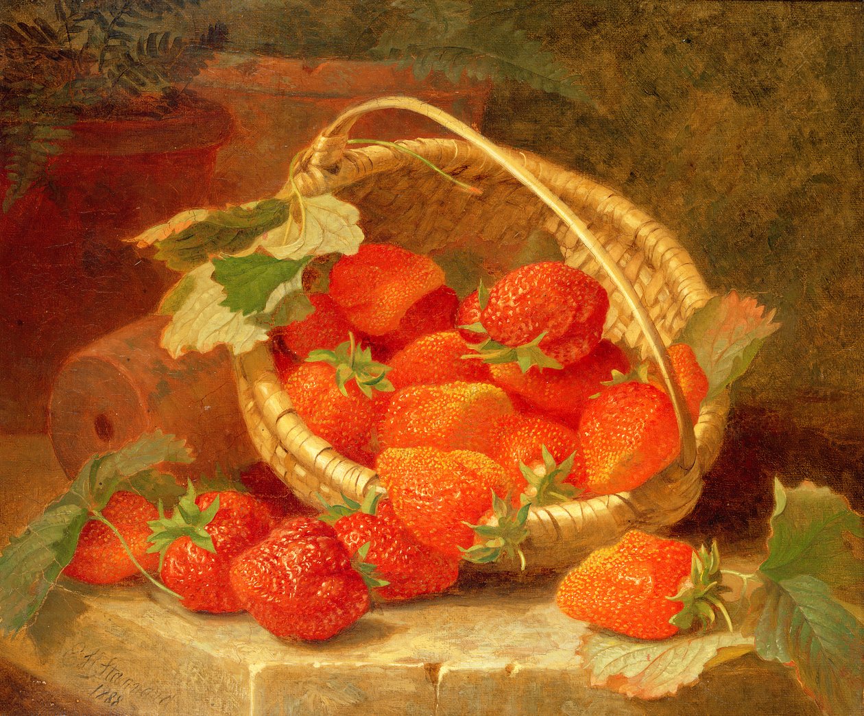 En kurv med jordbær på en stenkant, 1888 af Eloise Harriet Stannard