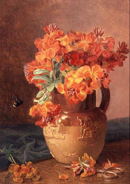 Et stilleben med vægblomster i en stentøjskande af Eloise Harriet Stannard