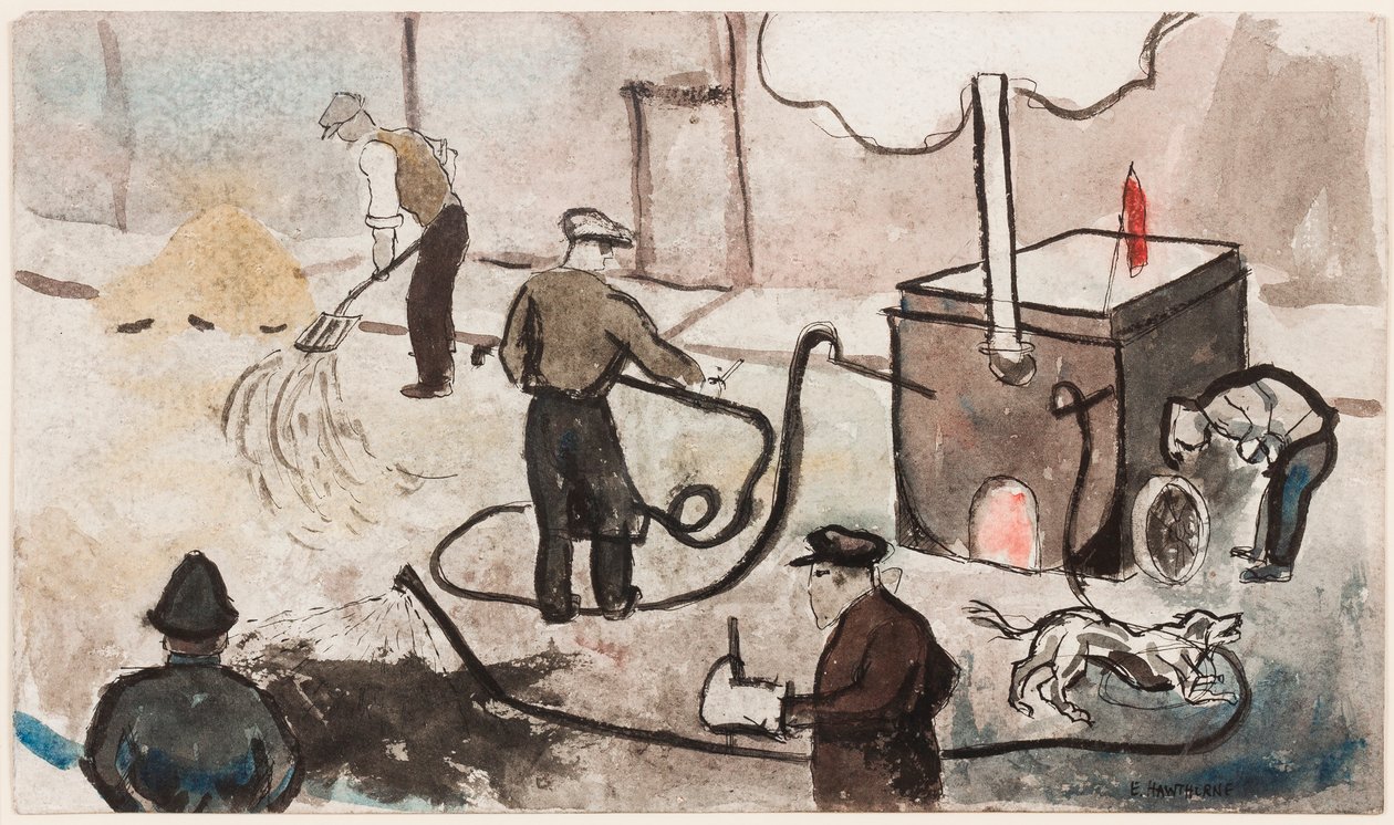 London: East End street works, ca. 1935 (blæk og akvarel på papir) af Elwin Hawthorne