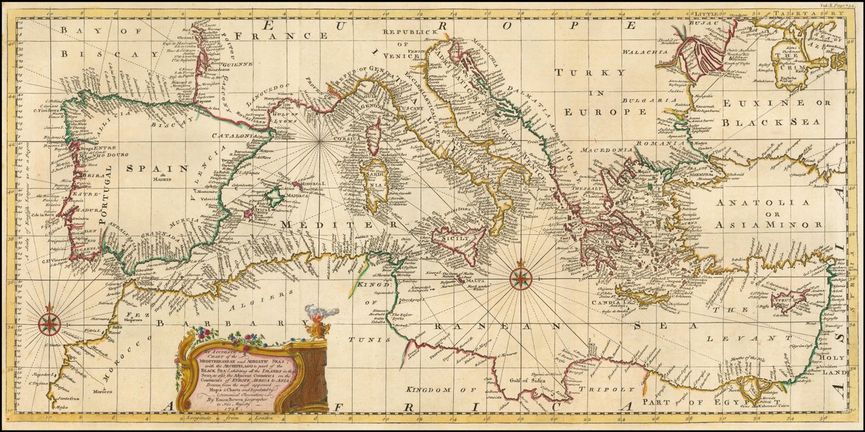 1748-kort - Et nøjagtigt kort over Middelhavet og Adriaterhavet; med øgruppen og en del af Sortehavet af Emanuel Bowen