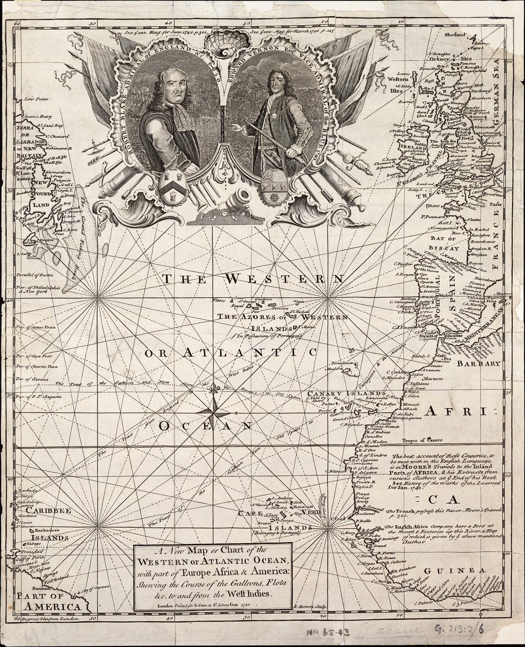 Et nyt kort eller diagram over det vestlige eller atlantiske ocean med en del af Europa, Afrika og Amerika: viser galeonernes kurs til og fra Vestindien af Emanuel Bowen