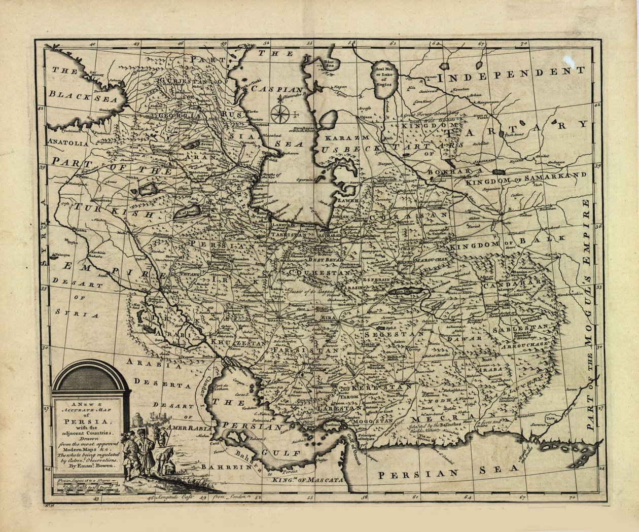 Nyt og præcist kort over Persien med Safavid- og Mughal-riget af Emanuel Bowen