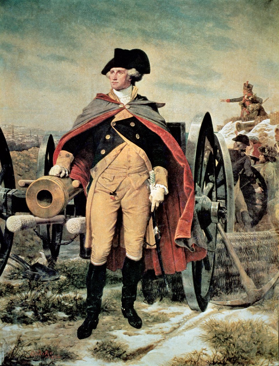 George Washington i Dorchester Heights, Massachusetts (farve litho) af Emanuel Gottlieb (after) Leutze