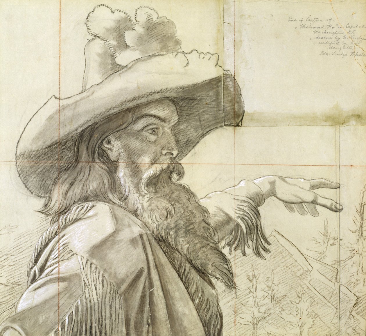 Detalje af tegneserie til vægmaleri Westward the Course of Empire... af Emanuel Gottlieb Leutze