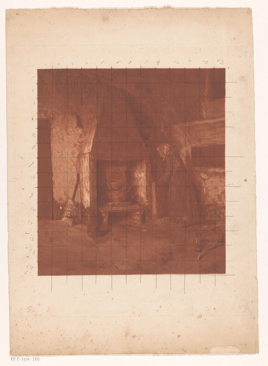 Bondekvinde stående ved en pejs af Emanuel Samson van Beever