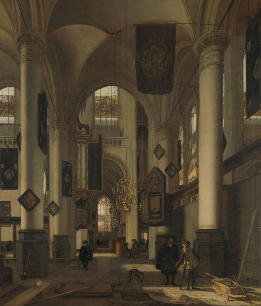 Interiør af en protestantisk gotisk kirke med motiver fra Oude og Nieuwe Kerk i Amsterdam af Emanuel de Witte