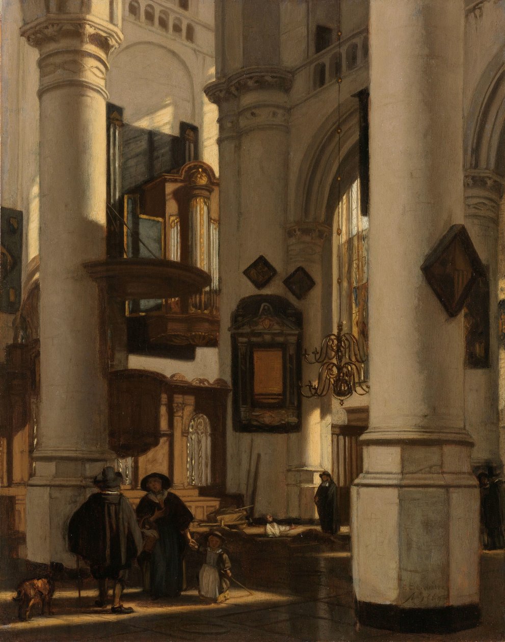 Interiør af en protestantisk, gotisk kirke, med en graver i koret Interiør af en protestantisk gotisk kirke med motiver fra de gamle og nye kirker i Amsterdam af Emanuel de Witte