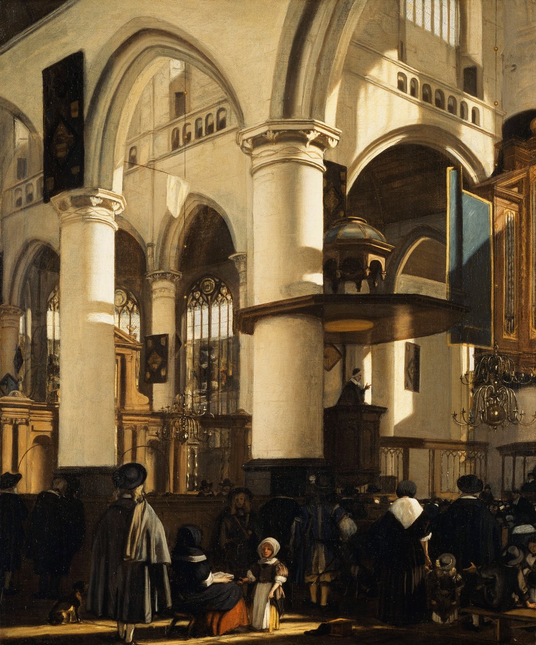Den gamle kirke, Delft, med kirkegængere, der lytter til en prædiken, 1669 af Emanuel de Witte