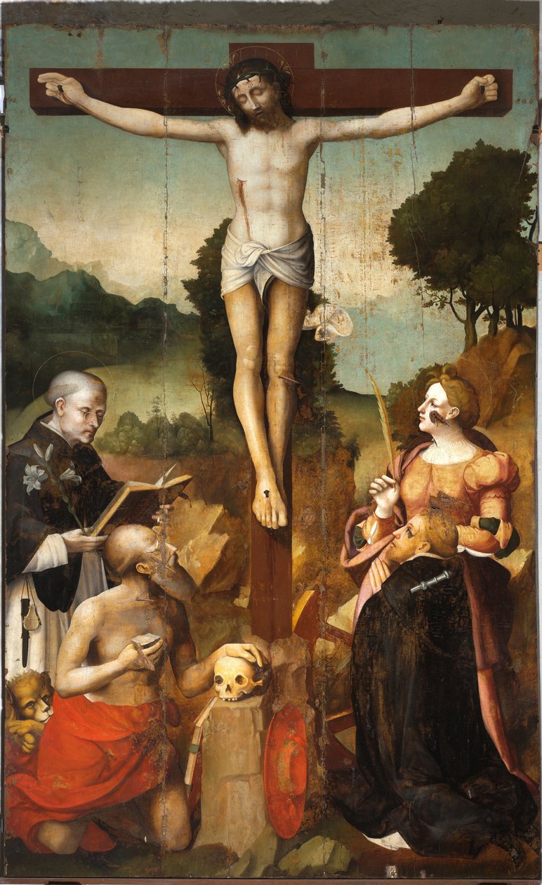 Kristi korsfæstelse med Sankt Dominikus, Sankt Hieronymus, Sankt Katarina af Alexandria og Sankt Peter martyren af Emanuele & Pancalino Cristoforo (Raffaello de Rossi) (fl.1525 1578) Macario