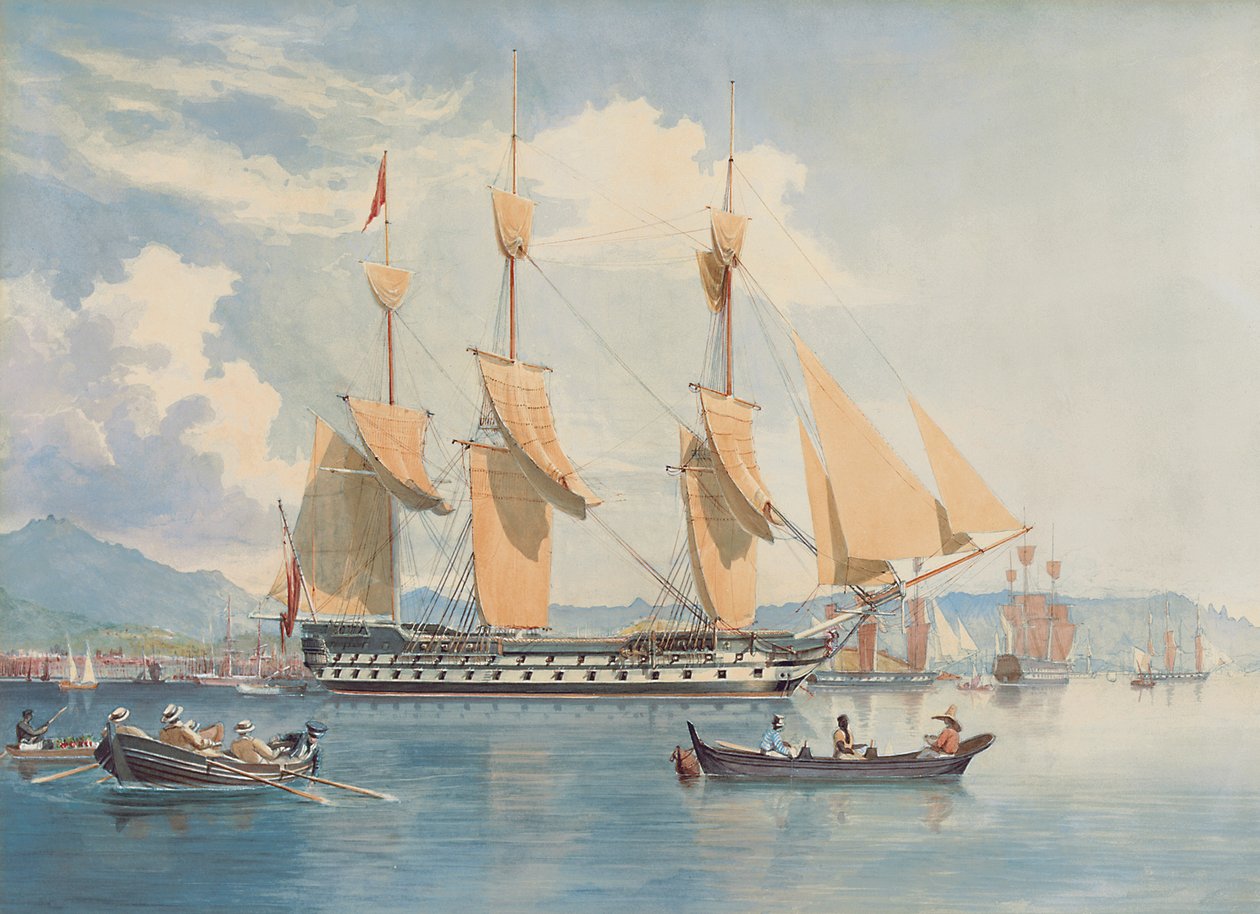 HMS Ganges ligger for anker og tørrer sine sejl ud for Rio de Janeiro af Emeric Essex Vidal