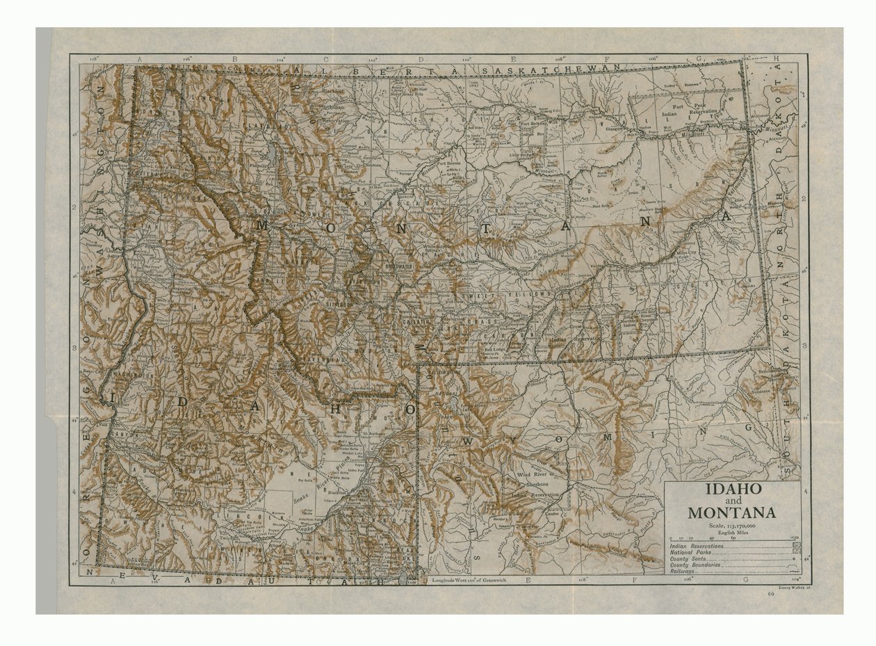 Kort over Idaho og Montana, USA, c1910
