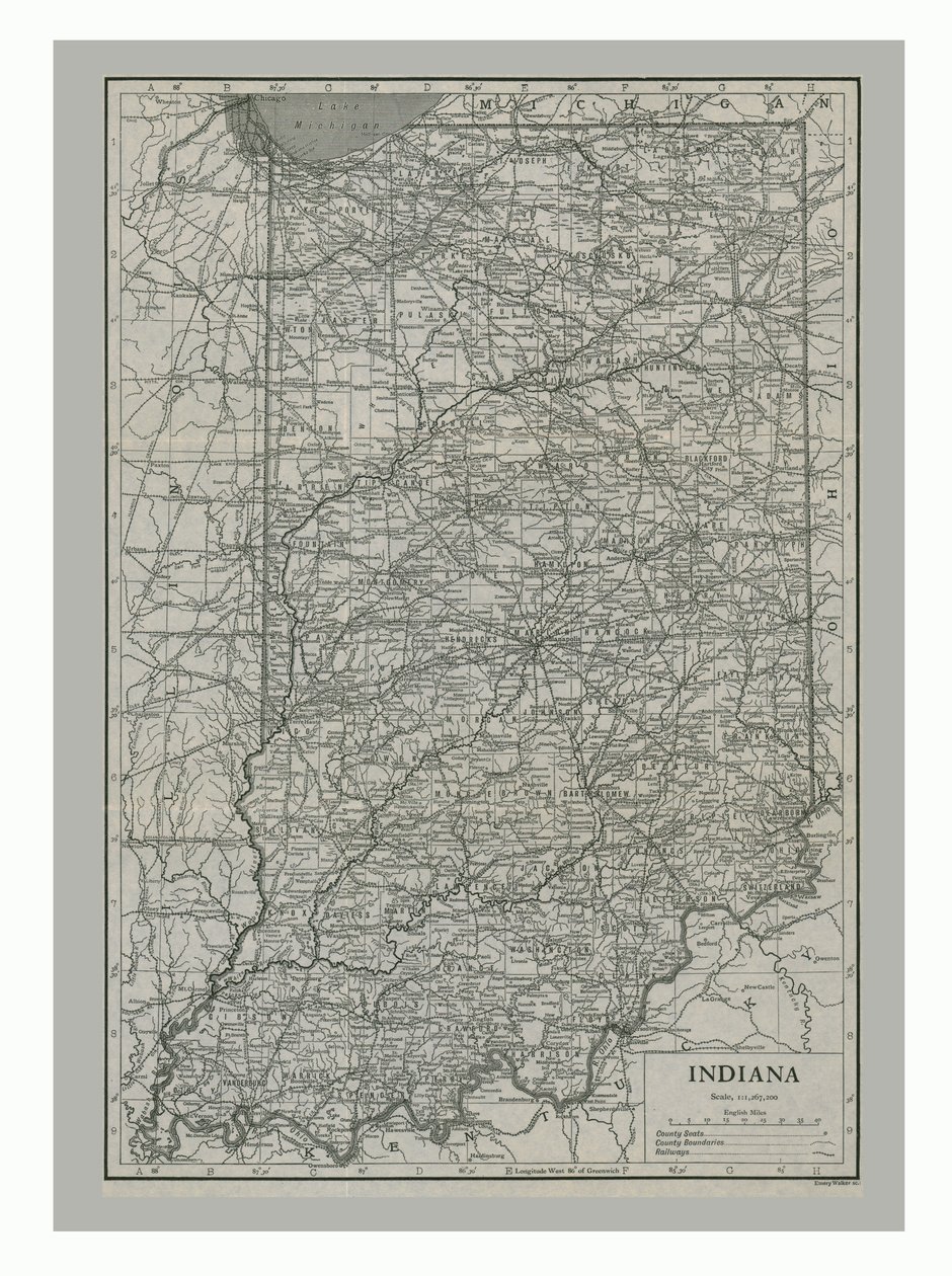 Kort over Indiana, USA, omkring 1900-tallet af Emery Walker