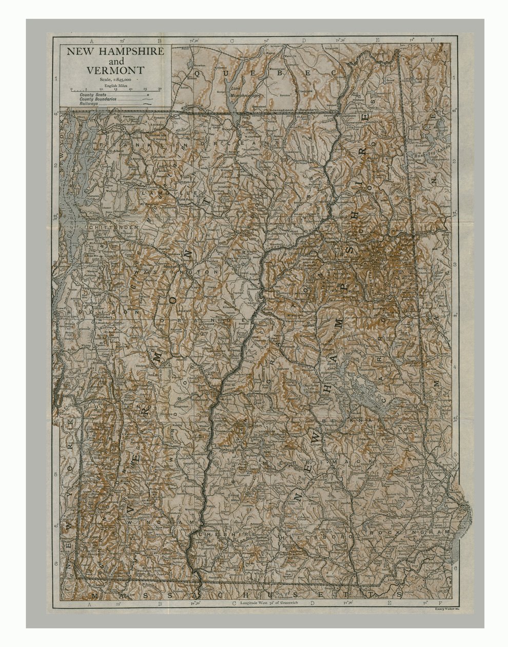 Kort over New Hampshire og Vermont, USA, omkring 1900-tallet. af Emery Walker