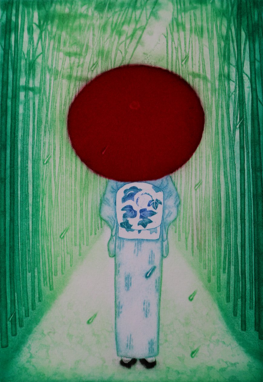 Rød paraply, 2007 (ætsning) af Emiko Aida