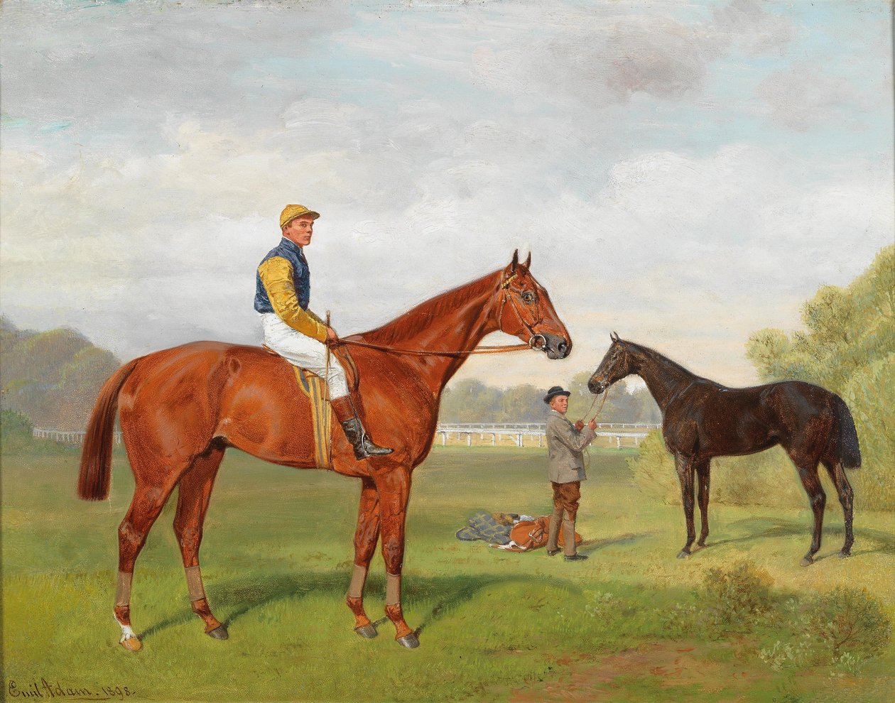 Dansk: Arulo og Komamasszony, to sejrrige raceheste fra godset Baron Hermann von Konigswarter med jockeyen Robert Adamsn af Emil Adam