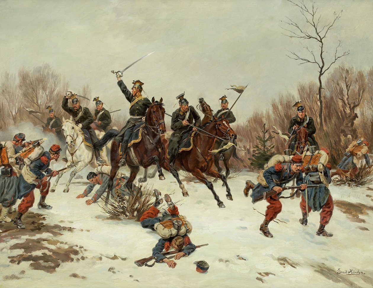 Skirmish mellem preussiske Uhlans og franske infanterisoldater af Emil Hünten