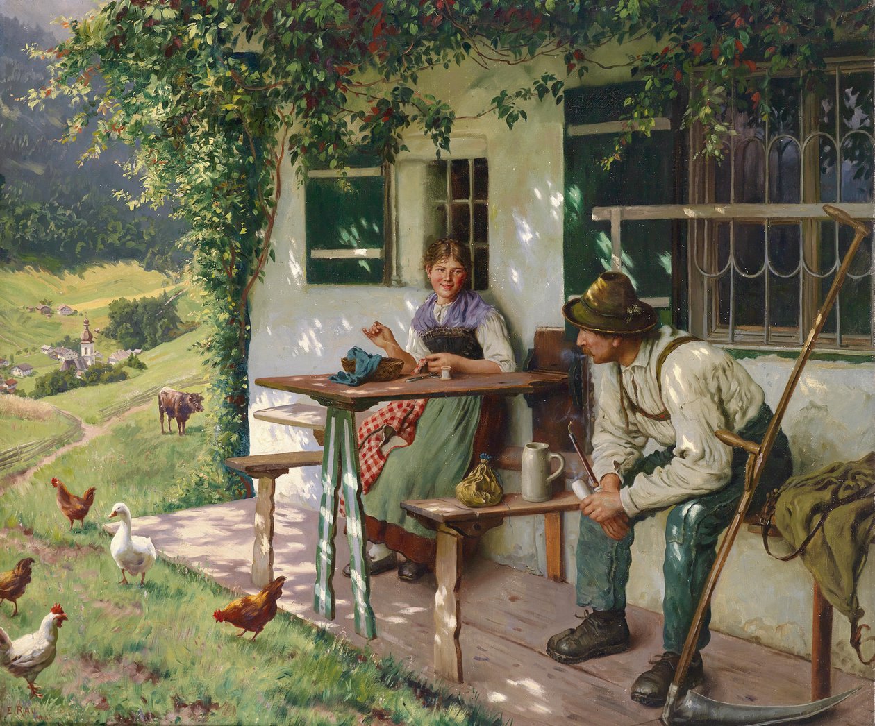 Ungt par foran et bondehus i Øvre Bayern, signeret E. Rau, München, olie på lærred, 110 x 132,5 cm af Emil Rau