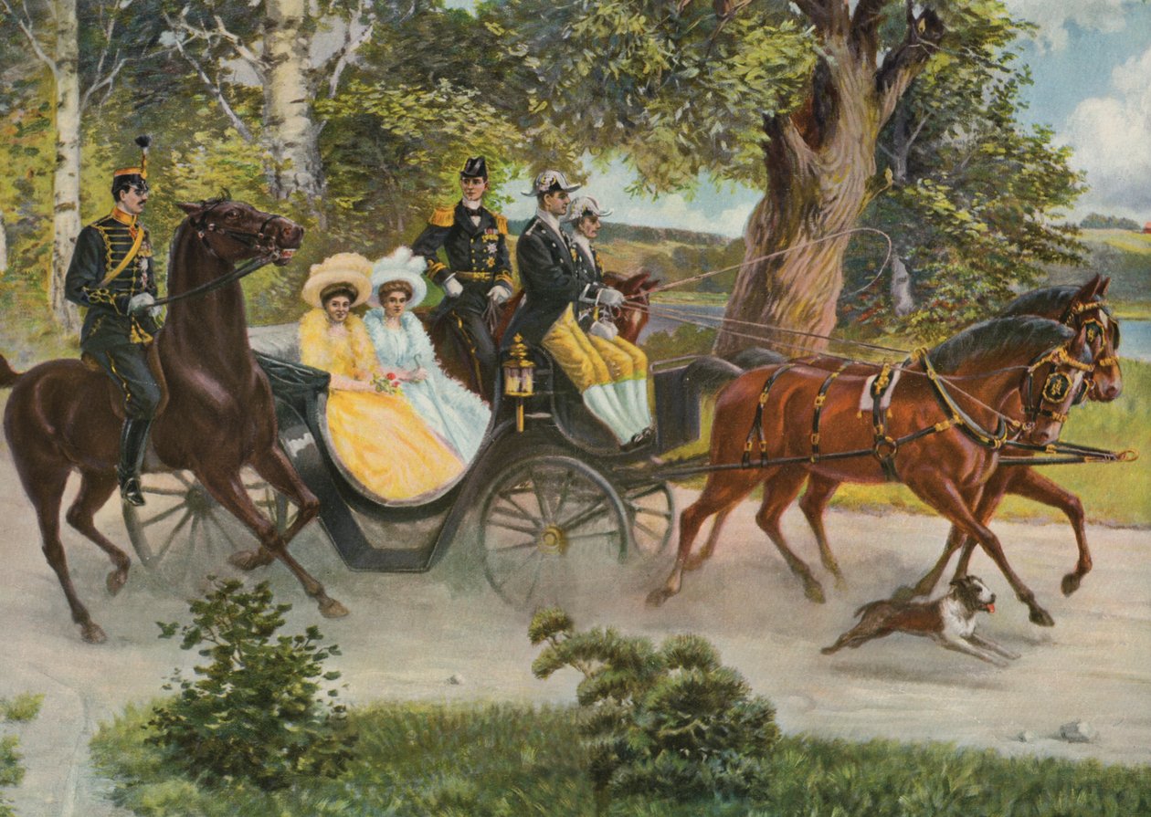 Margaret af Connaught med Gustaf VI Adolf og prins Wilhelm af Sverige med sin kone storhertuginde Maria Pavlovna af Rusland, ca. 1914 af Emil (after) Aberg