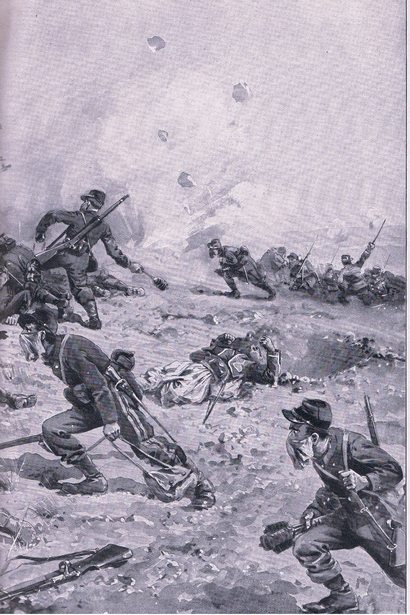 Et fransk håndgranatangreb ved Les Spanges, fra pubben The Illustrated History of the World War 1914-1915. af Union Berlagsefellfchaft af Emil (after) Limmer
