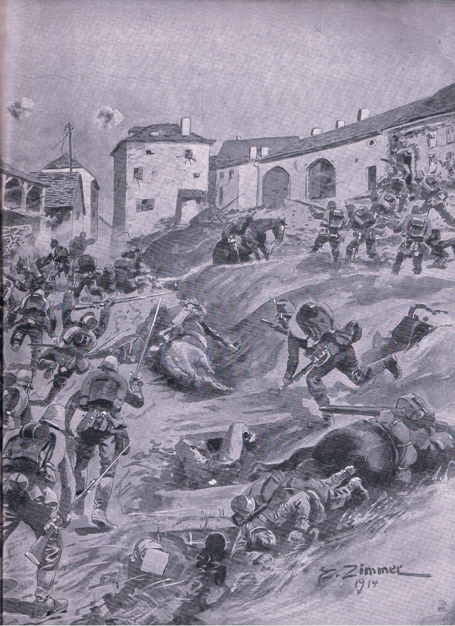 Aschaffenberg 2. bayerske jægerbataljon ved Lagarde august 1914, fra The Illustrated History of the World War 1914-1915 pub. af Union Berlagsefellfchaft af Emil (after) Limmer