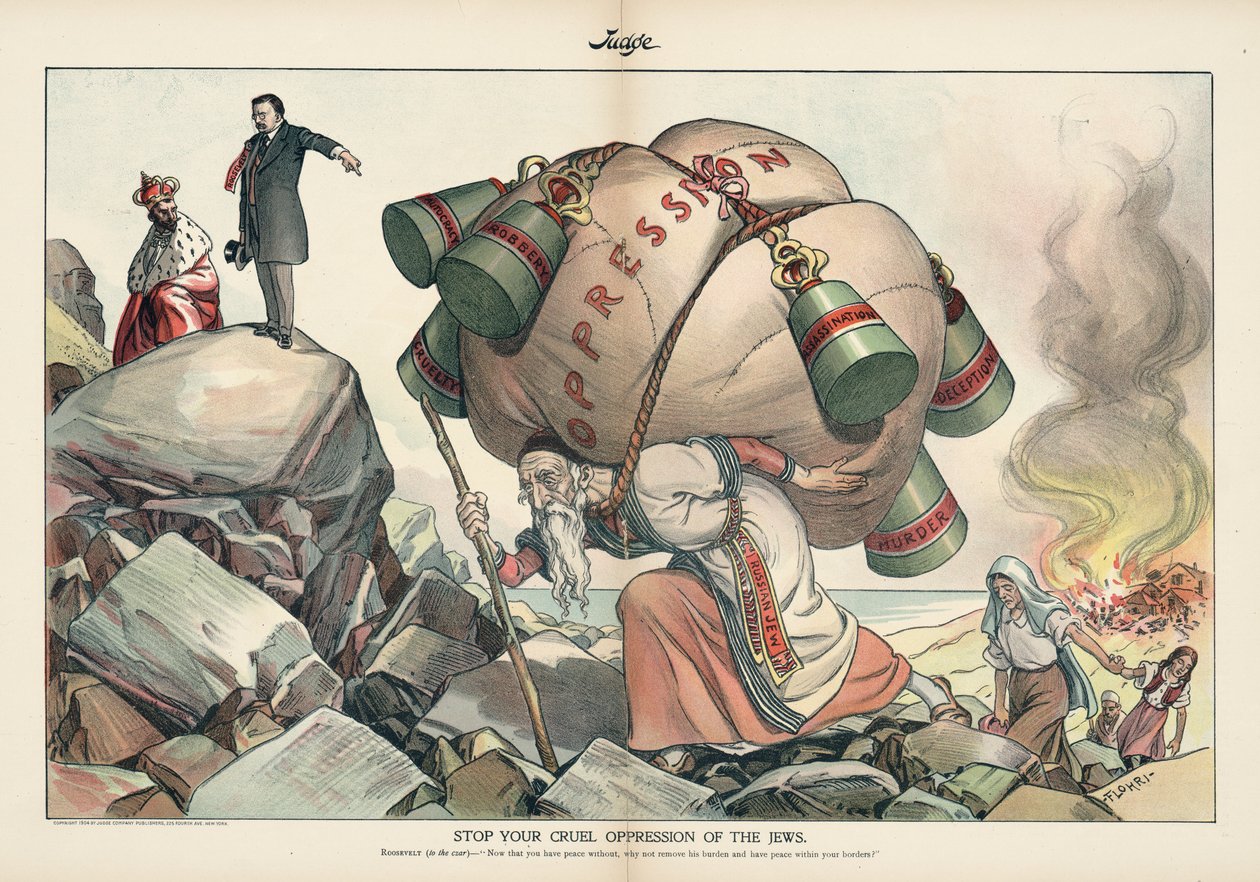 Stop din grusomme undertrykkelse af jøderne, Judge magazine fra september 1905 (kromolitografi) af Emil Flohri