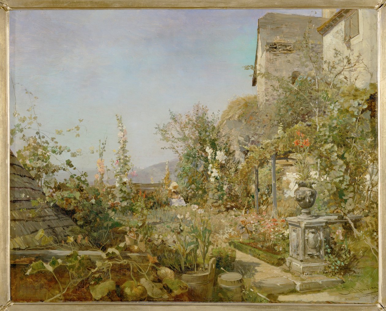 Blumengarten in Weissenkirchen - Have med blomster i Weissenkirchen ... (olie på træ) af Emil Jakob Schindler
