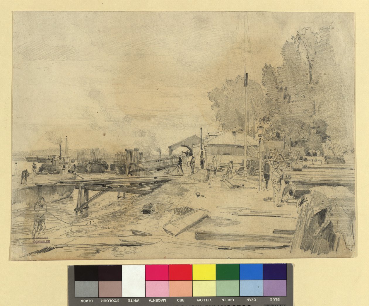 Dampfschiffstation an der Donau bei Kaisermühlen af Emil Jakob Schindler