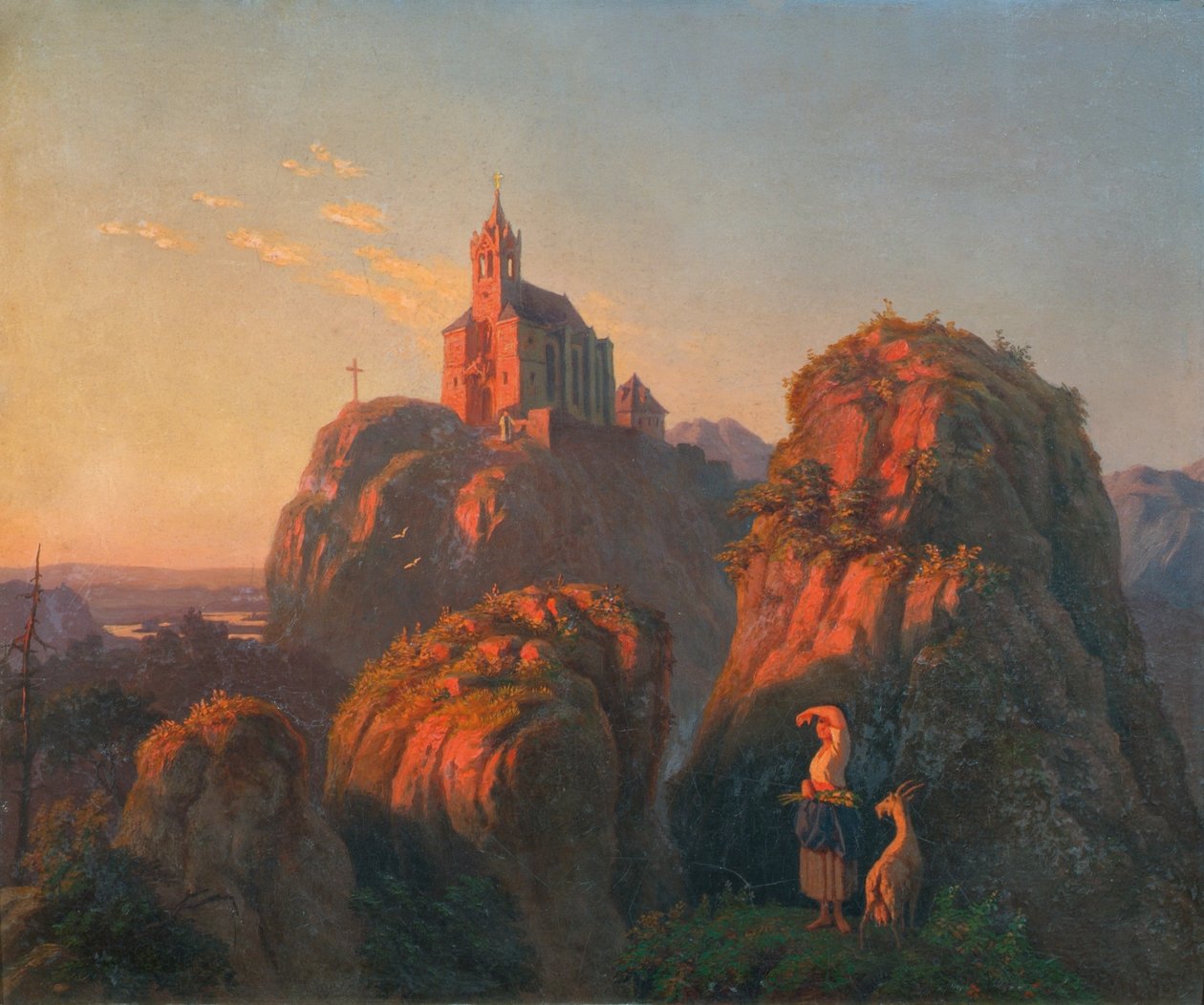 Landskab med en kirke om aftenen af Emil Ludwig Löhr