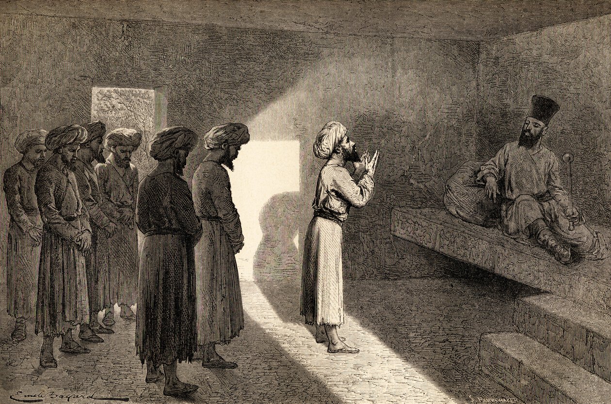 Arminio Vambery modtaget i audiens af Khan fra Khiva, Usbekistan, Centralasien, under sine rejser dertil i 1863, illustration fra 