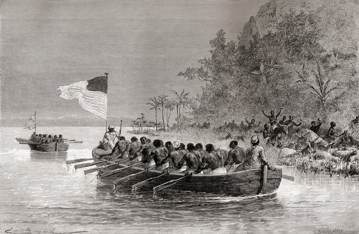 Dr. David Livingstone i den første båd, der sejlede med det engelske flag, og Henry Morton Stanley i den anden båd, der sejlede med det amerikanske flag, under deres ekspedition i Afrika i 1872, illustration fra 