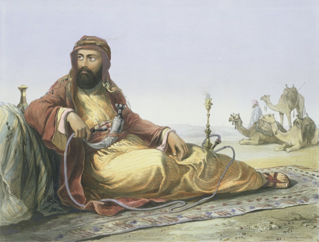 En araber hviler sig i ørkenen, titelblad fra "The Valley of the Nile", graveret af Lemoine, udgivet af Lemercier, 1848 af Emile Prisse d