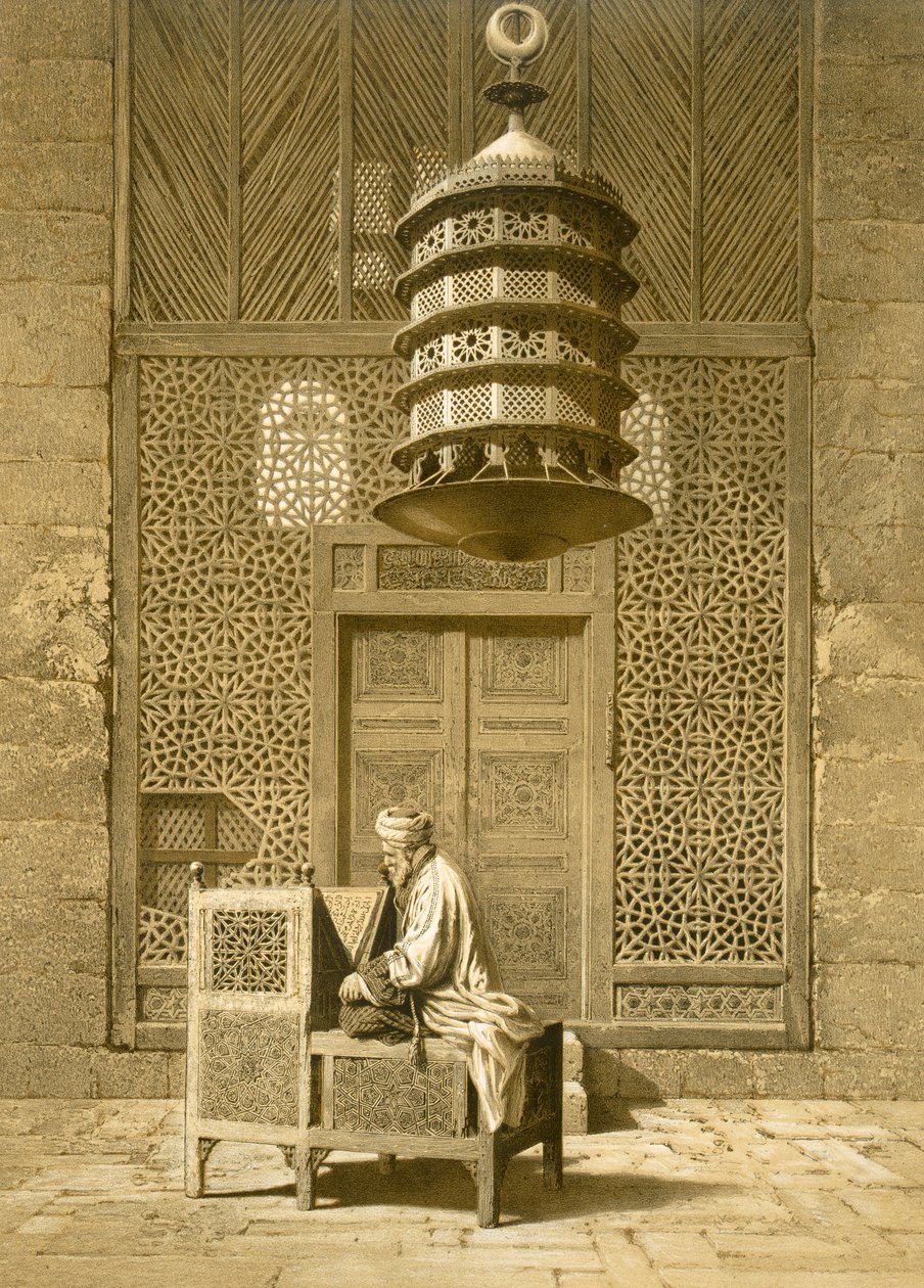 Kairo: Sultan Barquoqs begravelses- eller sepuchralmoske, siddende imam, der læser Koranen, foran en gennembrudt skærm fra det 14., 19. århundrede (tryk) af Emile Prisse d