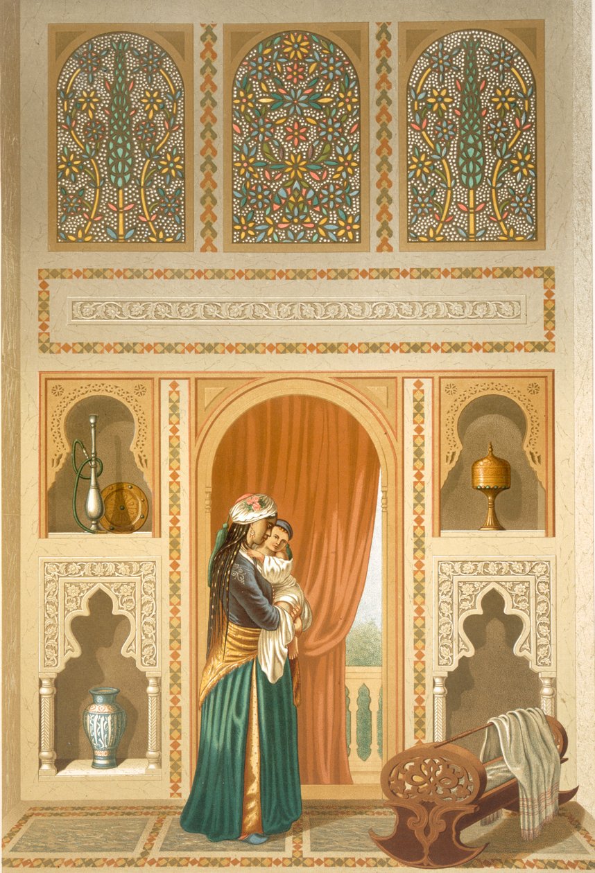 Kairo: Interiør af Sidi Youssef Adamis hus: en kvinde stående i et værelse med rig mosaik og marmordekoration, 1800-tallet af Emile Prisse d