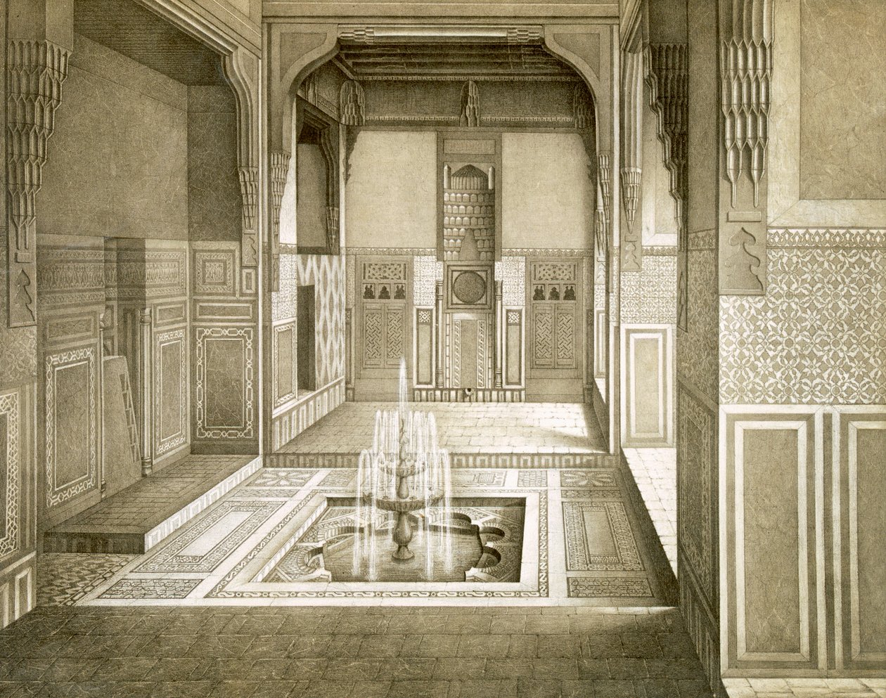 Kairo: Mandarah: Receptionsværelse, stueetagen, med pool og springvand, 1800-tallet af Emile Prisse d