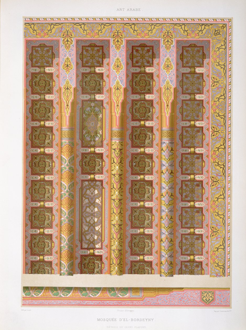Detalje af det store loft i El-Bordeyny-moskeen, fra Arab Art as Seen Through the Monuments of Cairo from the 7th Century to the end of the 18th Century, graveret af Jean Arnould Leveil (1 af Emile Prisse dAvennes