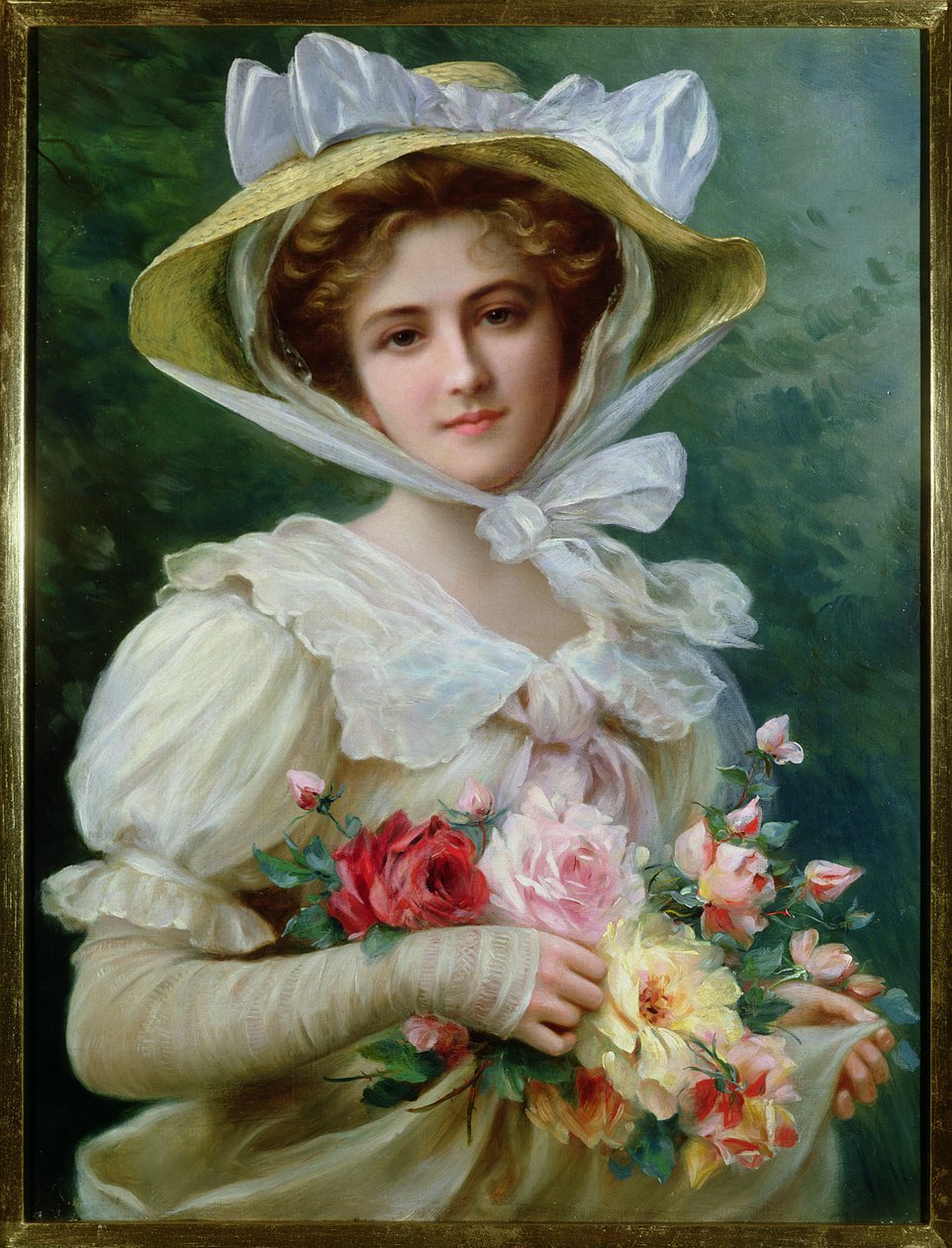 Elegant dame med en buket roser af Emile Vernon