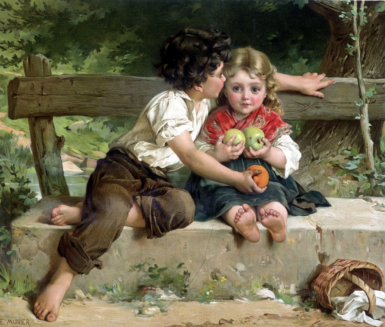 Boyboy kysser pigen og giver hende æbler, ifølge E. Munier af Émile (after) Munier