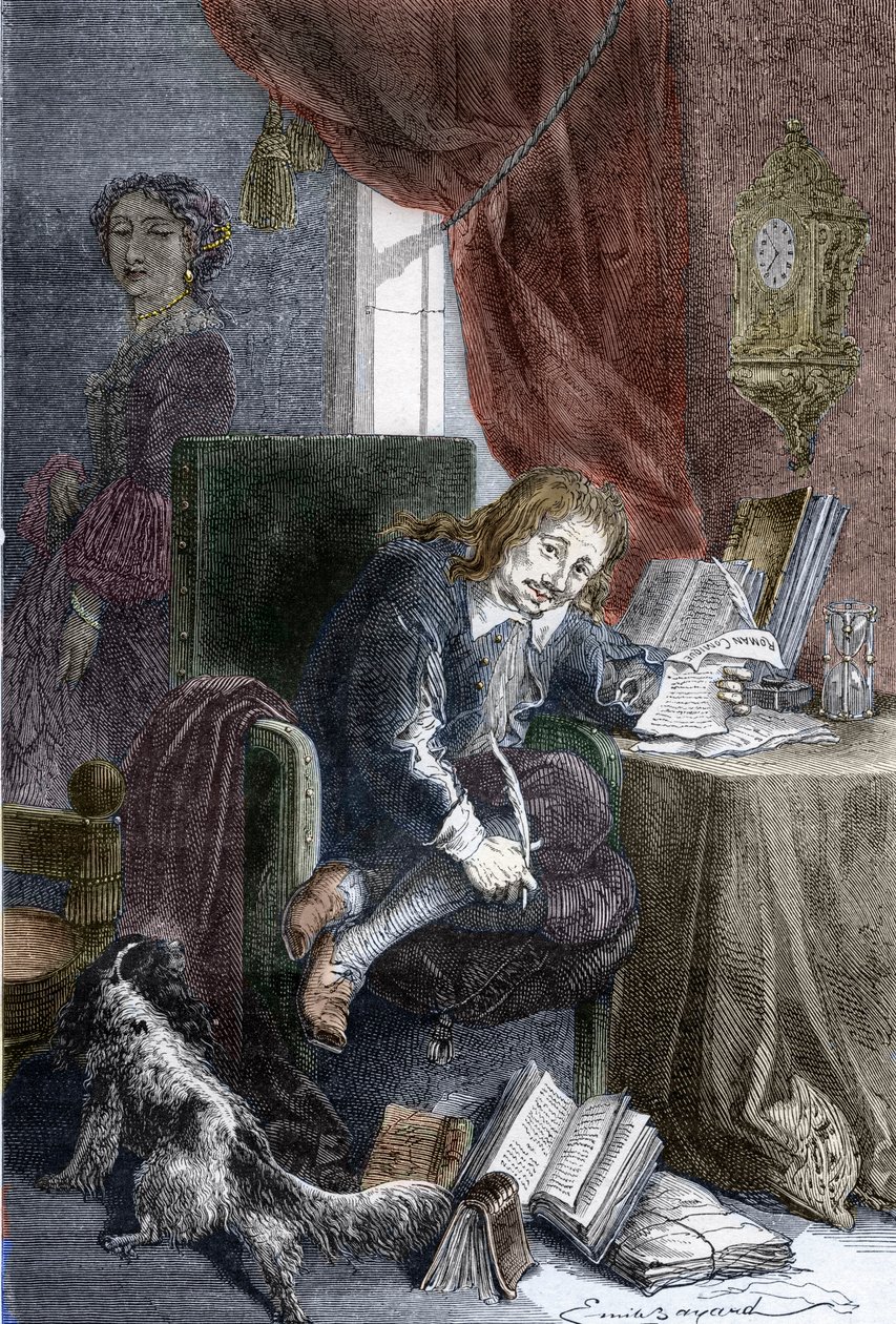 Portræt af den franske forfatter Paul Scarron (1610-1660) forfatter til burleske komedier, han er repræsenteret på en invalid stol, hans kone Francoise d