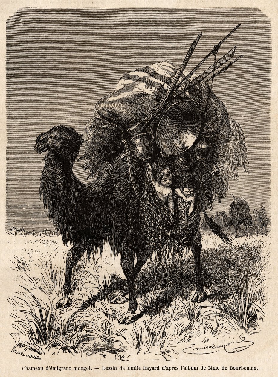 En mongolsk emigrant kamel, der bar proviant, forskellige redskaber, tæpper, tæpper og træ til teltrammen, samt små børn i hængende kurve. Tegning af Emile Bayard (1837-1891), til illustration af Shanghais rejse til Moskva, fra 1859 t. af Emile Antoine Bayard