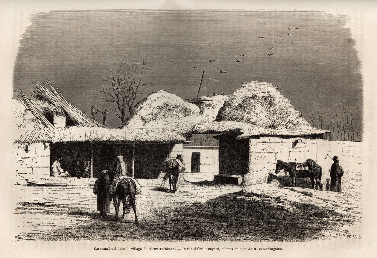 En karavansebane i landsbyen Old Tashkent (eller Tashkend), hovedstaden i russisk Turkestan, indgraveret efter en tegning af Emile Bayard, for at illustrere Basile Vereschagins rejse til Centralasien i 1867-1868, udgivet i "Le tour du monde" 1873, redigere af Emile Antoine Bayard