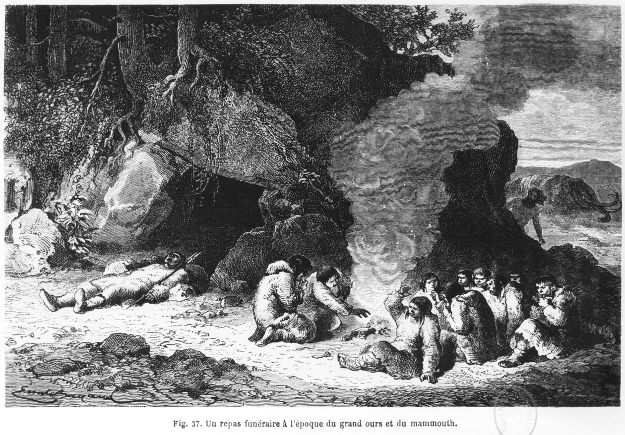 Et begravelsesmåltid på tidspunktet for bjørnen og mammutten, illustration fra 