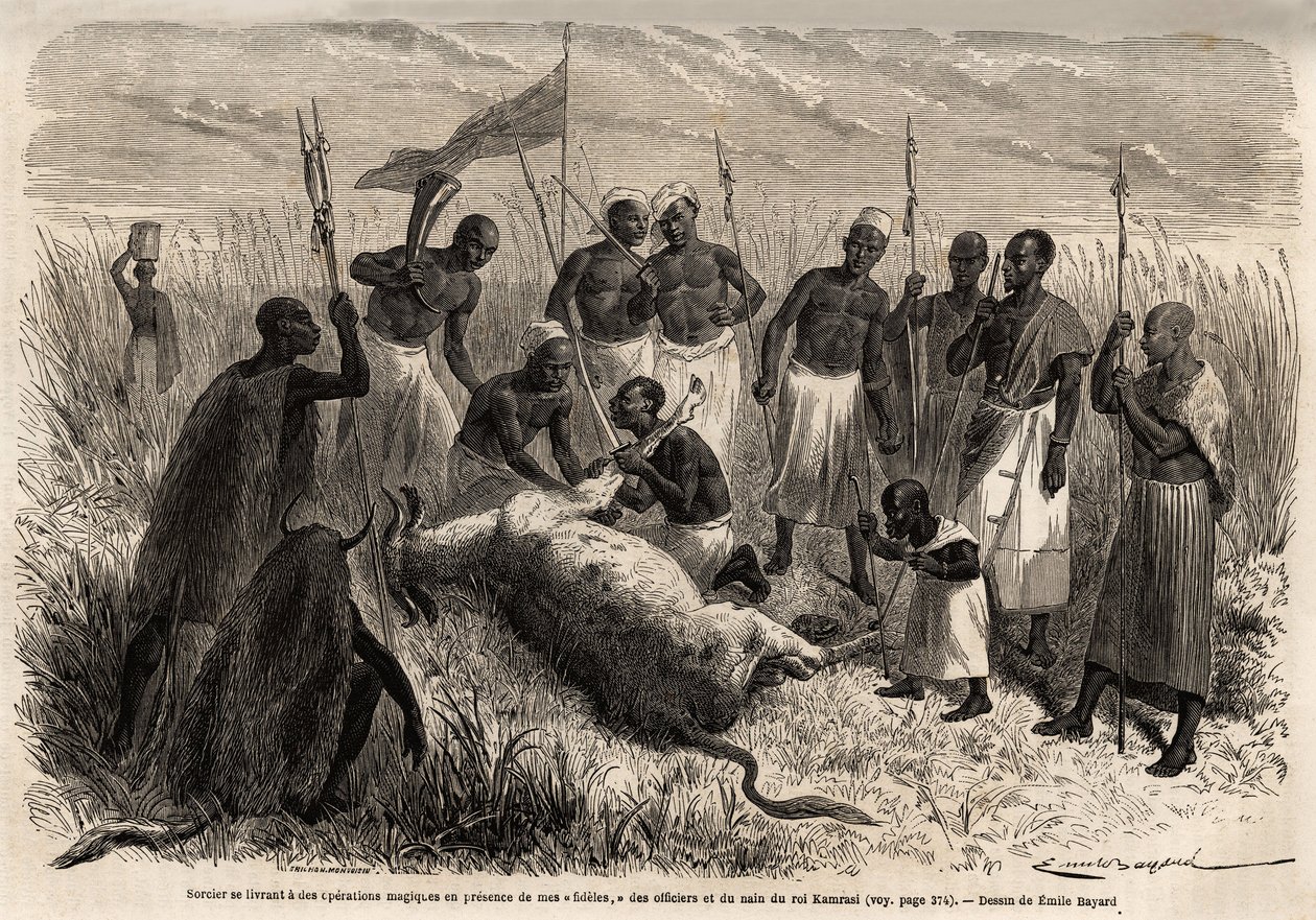 En troldmand deltager i magiske operationer på et slagtet oksekød i Uganda, tegning af Emile Bayard (1837-1891), der illustrerer kaptajn Spekes opdagelsesrejse i Afrika fra 1860 til 1863. Indgravering i "" Le tour du monde"", redigeret af Edouard Charton af Emile Antoine Bayard